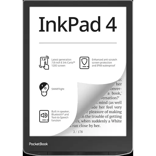 Электронная книга 7.8" PocketBook 743G InkPad 4, Stund Silver, WiFi/Bluetooth, 1872x1404 (E Ink Carta), 1Gb/16Gb, сенсорный экран, 300 DPI, сенсорная панель, подсветка экрана SMARTlight, 2000 m (PB743G-U-CIS)