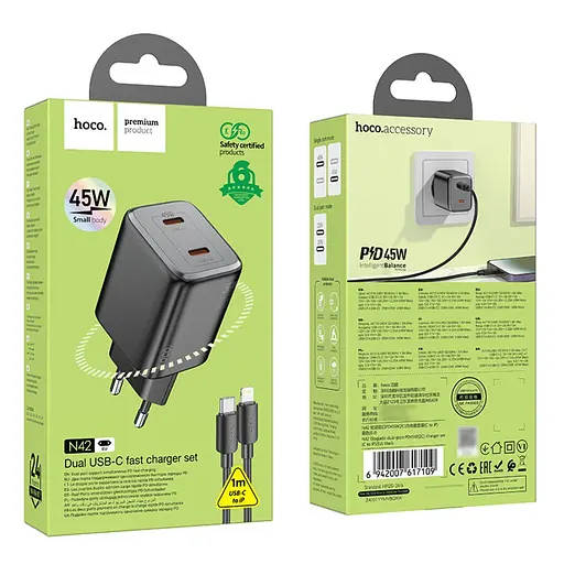 Мережевий зарядний пристрій Hoco N42 2 Type-C PD 45W чорний + кабель Type-C to Lightning - фото 6