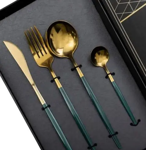Набор столовых приборов Yiwu HP-20-44 нержавеющая сталь 24 предмета на 6 персон Золотистый с зеленым - фото 4