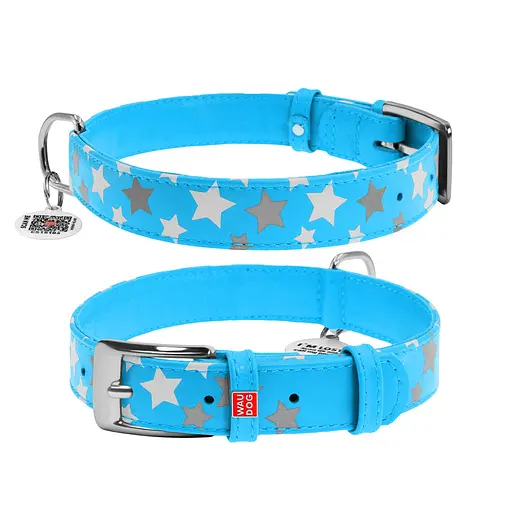 Ошейник для собак кожаный Waudog Glamour с QR-паспортом узор "Звездочка" светонакопительный/светоотражающий L Ш 25 мм,