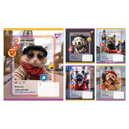 Зошити учнівські 36 аркушів клітинка Yes Cute animals, 15 шт. в упаковці