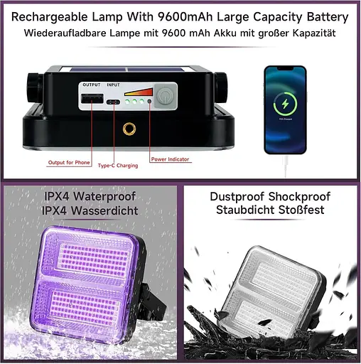 Black Light Spotlight 60 Вт, WINNIW 120 LED УФ-лампа с черным перезаряжаемым ультрафиолетовым светом для вечеринки - фото 5