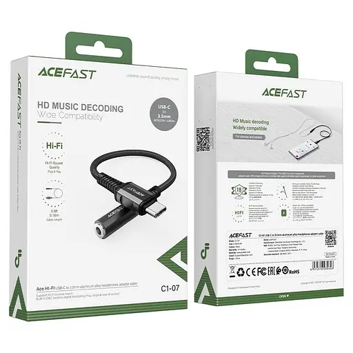 Кабель-перехiдник Acefast C1-07 USB-C to 3.5 мм aluminum alloy headphones adapter cable чорний - фото 2