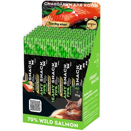 Пюре лагідне для котів з м`якоті дикого лосося Lucky Star в шоубоксі 400 г (40 стіків по 10 г)