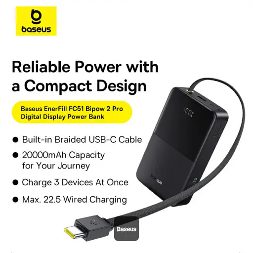 Зовнішній акумулятор Baseus EnerFill FC51 Bipow2 Pro 20000mAh with Built-in USB-C Cable E0027701 - фото 3
