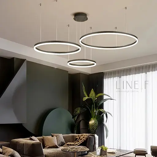 Підвісна люстра на три led кільця у чорному каркасі 60+40+20 см | Line F | Арт. G70-600+400+200 BK - фото 2