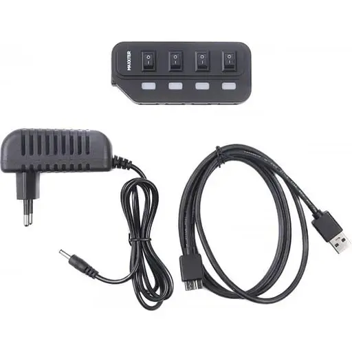 USB-Хаб Maxxter USB 2.0 HU2A-4P-AC-02 Type-A на 4 порти, 1м Type-B кабель, 5V1A зарядка в комплекті, пластик, чо (HU2A-4P-AC-02) - фото 3