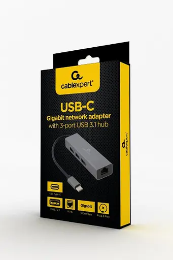 Мережевий адаптер USB Cablexpert A-CMU3-LAN-01, с USB-С на Gigabit Ethernet, 3 Ports USB 3.1 Gen1 (5 Gbps), 1000 Mbps, метал, сірий - фото 2