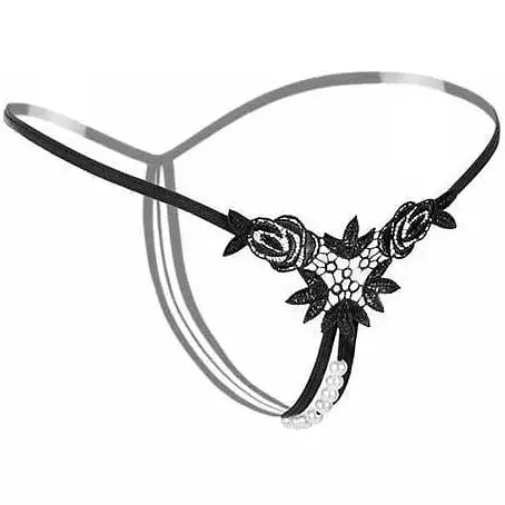 Стрінги Перлинки з декором у вигляді намистин та квітів S/M Чорний K0573-1