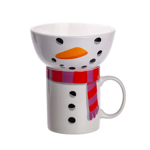 Новогодняя чашка с пиалой Yiwu Snowman набор праздничный CR-1-49