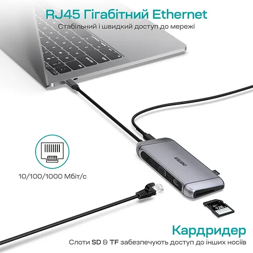 USB-C хаб 9-в-1 Choetech M15 HDMI 4K/30Hz, VGA, 3 USB3.0, RJ45, USB-C PD, SD-card, TF-card (43-00153) - фото 8