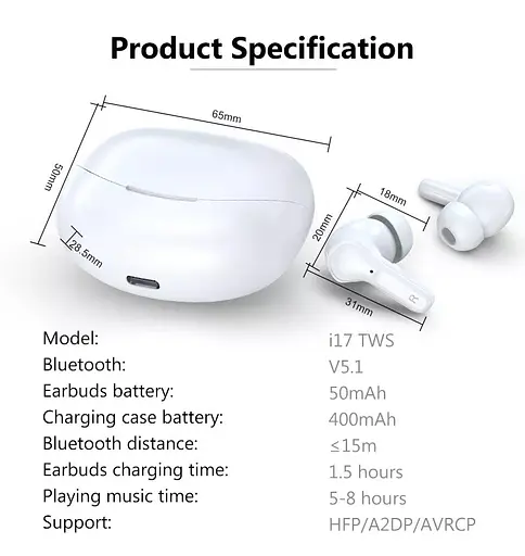 Бездротові Bluetooth навушники TWS CR-i17 із зарядним кейсом, сенсорами управління та індикатором заряду Білі - фото 5