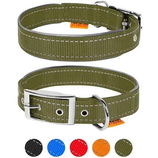 Ошейник для собак Dog Extreme из нейлона двойной со светоотражающей вставкой ширина 20 мм длина 30-40 см хаки - фото 2