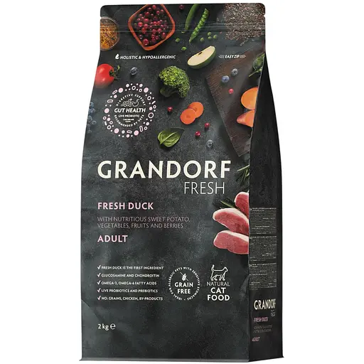 Сухой беззерновой корм для взрослых кошек Grandorf Fresh Duck & Sweet Potato Adult Cat утка с бататом 2 кг - фото 1