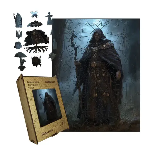 Дерев'яний фігурний пазл Відьмак, А5, Дерев'яна коробка 35 елементів