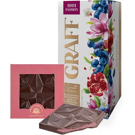 Набір: чай зелений та чорний Graff 1001 Passion з ароматом винограду та гранату 20 шт. x 1.5 г + шоколад Львівська Майстерня Шоколаду чорний з вишнею 74 г