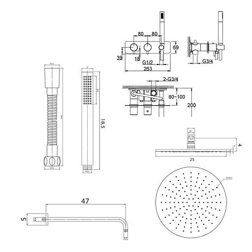 Душева система Kohlman Axel 25 black з термостатом + BOX прихованого монтажу KPL-QW265AB25, Чорний матовий - фото 2