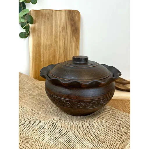 Макітра хвиля з кришкою 2.5 літра керамічна (глиняна) різьблений декор