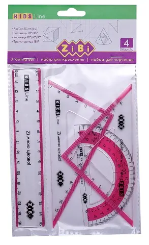 Комплект KIDS Line, лінійка 15 см, 2 косинці, транспортир, з рожевою смужкою