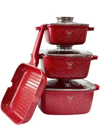 Набор кастрюль со сковородой Top Kitchen TK-000103 с гранитным покрытием 12 предметов Красный - фото 4