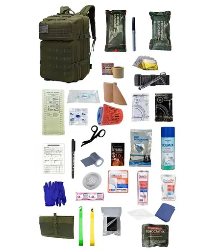 Укомплектованный медицинский тактический рюкзак №1, 45 л темно-зеленый - фото 1