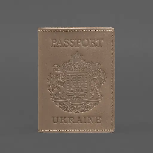 Кожаная обложка для паспорта с украинским гербом светло-бежевая - фото 6
