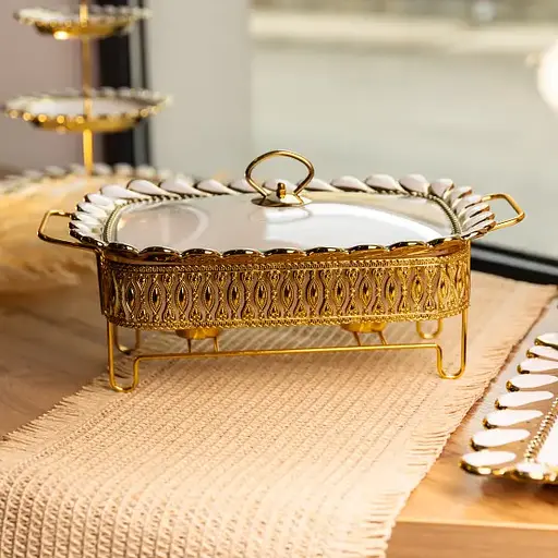 Мармитница фарфоровая Yiwu Tiffany 1.5 л квадратная со стеклянной крышкой на металлической подставке с подогревом 34х26х7 см для первых блюд SX42-2 - фото 2