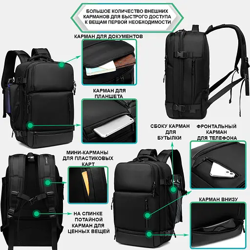Рюкзак городской Ozuko 9405S 22л с отделением для ноутбука 16" Black (16198) - фото 3