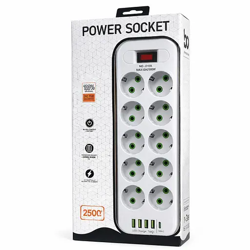 Мережевий фільтр-подовжувач Power Socket D-10, 10x220V-2500W, 4xUSB, 1xType-C PD - фото 1