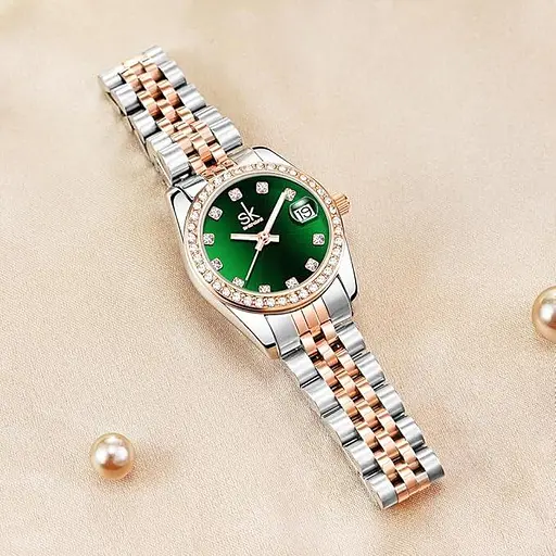 SHENGKE Жіночий годинник з кришталевим акцентом і ремінцем із цільної легованої сталі Елегантна сукня Кварцовий годинник - фото 3