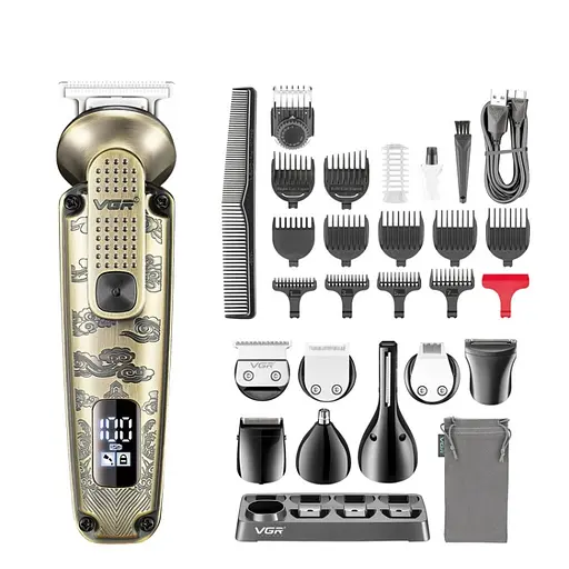 Машинка для стрижки волосся VGR V-103 (8 в 1) LCD для бороди та носа + підставка Бронза