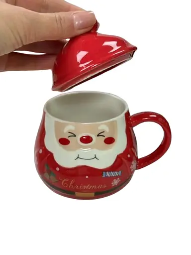 Новорічна кружка Olens Різдвяний помпон з кришкою керамічна 350 мл Червона - фото 2