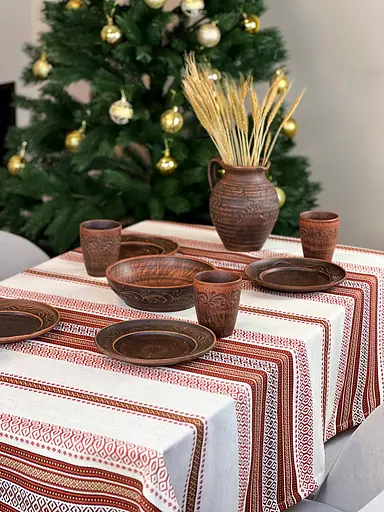 Лляна скатертина з українським орнаментом Промінь червоний 150х150 см - фото 7