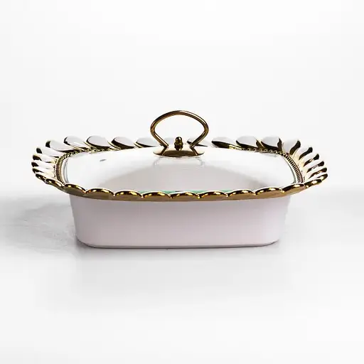 Мармитница фарфоровая Yiwu Tiffany 1 л квадратная со стеклянной крышкой на металлической подставке с подогревом 28х23х7 см для первых блюд SX42-1 - фото 1