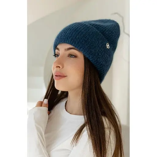 Теплая женская шапка Ангора Сердечко с флисовой подкладкой Синий - фото 1