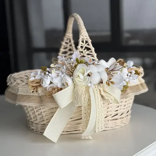 Пасхальная корзина 38х28см hand-made MIS LT бежевая с бежевым декором большая - фото 1