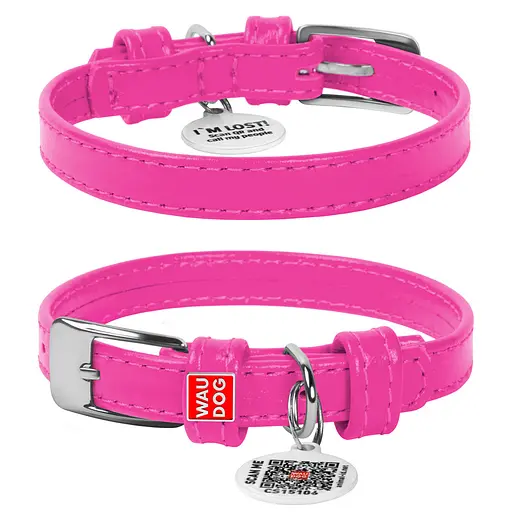 Ошейник для собак кожаный Waudog Glamour с QR-паспортом без украшений XS Ш 12 мм Д 21-29 см розовый