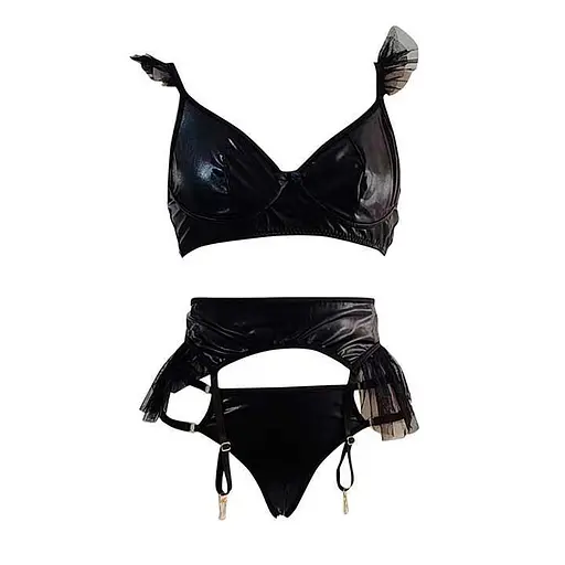 Комплект спокусливий зі шкіряними підв'язками для панчіх S/M Чорний K000802 - фото 4