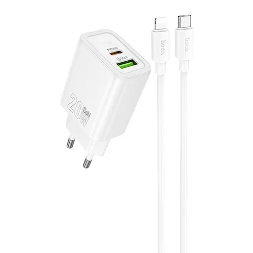 МЗП Hoco N61 Gentle PD20W+QC3.0 (1USB-A/1C) + кабель Type-C to Lightning White