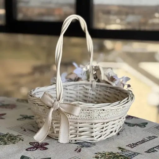 Пасхальная корзина 27×27×28 см hand-made MIS LT бежевая с кремовым декором круглая средняя - фото 2