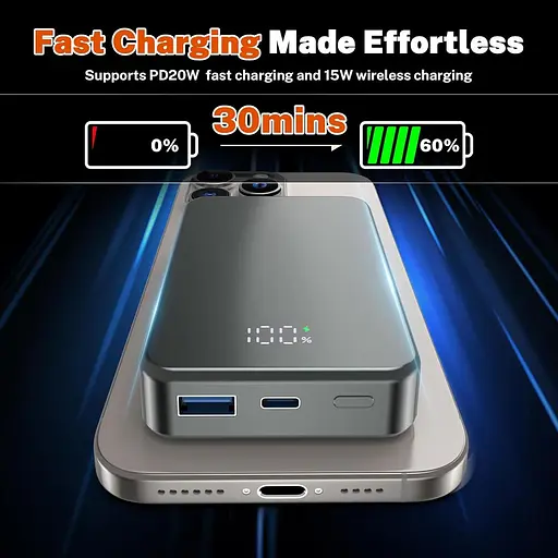 Магнитное беспроводное портативное зарядное устройство емкостью 26800 мАч, USB C для iPhone - фото 4