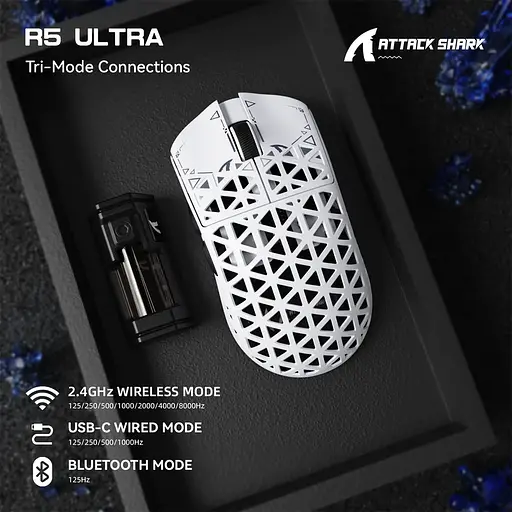 Ігрова мишка ATTACK SHARK R5 Ultra / Три режими підключення / PAW3950MAX / Carbon Fiber / 39 г / White - фото 3
