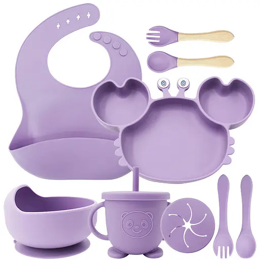 Набір дитячого силіконового посуду для першого прикорму на присосках 9 предметів Краб Purple (18976) - фото 1