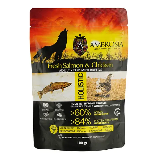Сухой корм Ambrosia Grain Free для взрослых собак малых пород со свежей курицей и лососем 100 г - фото 1