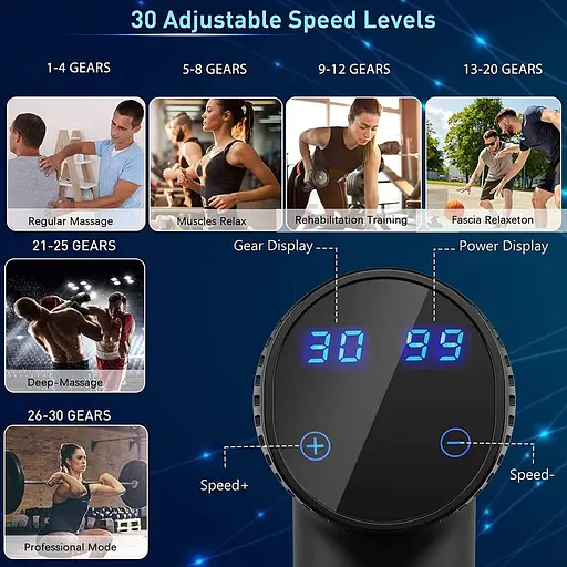 Пістолет для масажу м'язів TYIAUS перкусійний 30 регульованих швидкостей 6 головок - фото 4