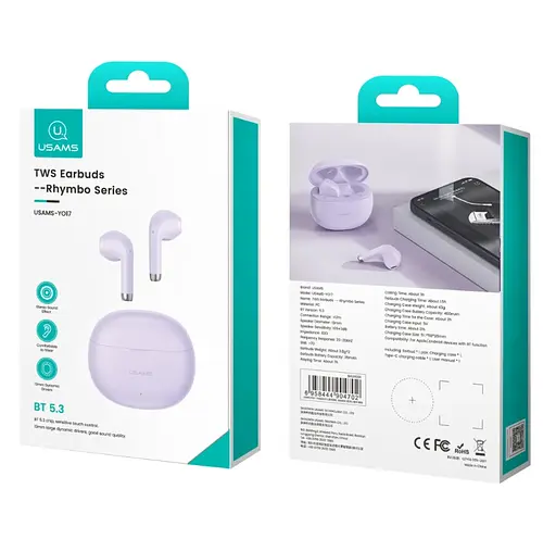 Наушники Usams Bluetooth YO17 TWS Earbuds Rhymbo Series BT5.3 Lilac - фото 2