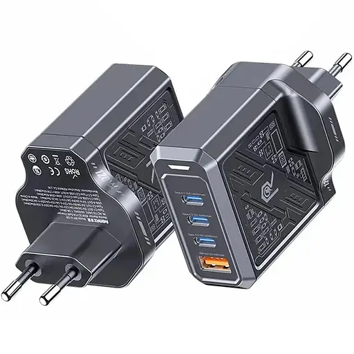 Зарядний адаптер Remax Mecha Warrior 1A+3C RP-U107 швидка зарядка GaN 120W 3xType-C + 1xUSB-A Чорний