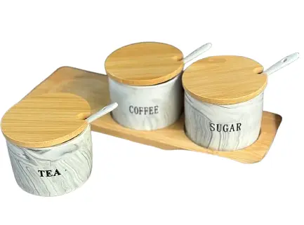 Набор банок 3 шт с крышками и ложками с бамбуковым подносом для хранения сыпучих 300 мл Серый - фото 1
