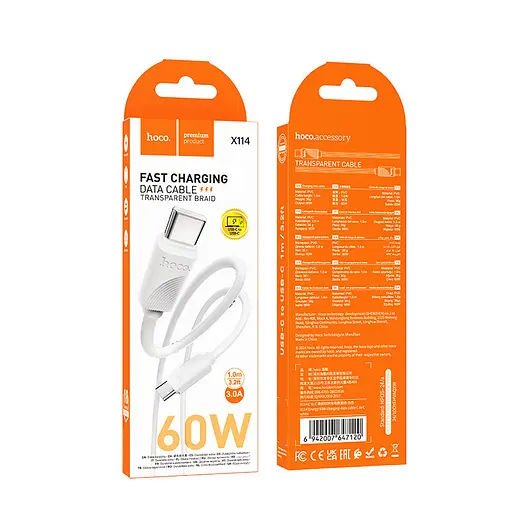 Дата кабель Hoco X114 Energy Type-C to Type-C 60W (1m) White - фото 4