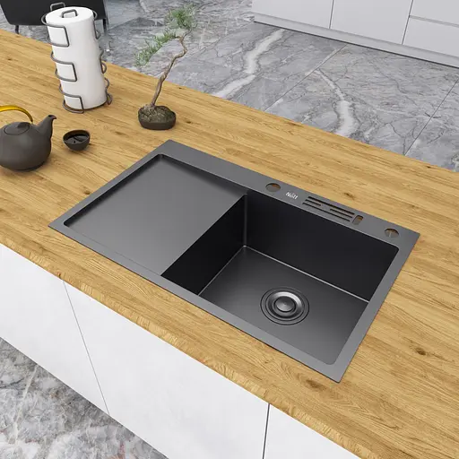 Кухонная мойка черная с левым крылом с PVD покрытием Nett NB-7848(L), Черный - фото 4